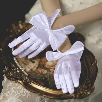 Lady Short Gloves Shiny Satin Bow Bride Wedding Party Gown Accessory Retro Decor - Image 1 of 4