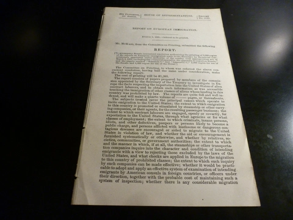 Government Report 1892 Report On European Immigration - Image 1 of 1
