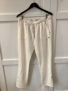 Roxy Women’s Linen Blend Pants Cream Pull Tab Hem Drawstring Large 2 Pockets - Picture 1 of 5