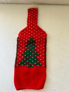 Vtg Christmas Sweater Wine Bottle Cover Knit  House Housewarming Handmade b1 - Picture 1 of 4