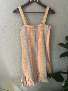 $50 Orig. American Eagle Small Rainbow Striped Smock Ruffle Bodycon Mini Dress - Picture 1 of 14