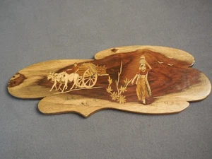 DD6 VTG Inlaid Wood Marquetry Wall Hanging Plaque Ox Cart Man Village Folk Art - Picture 1 of 7