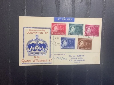 South West Africa 1953 FDC cubierta registrada a Inglaterra QE II coronación blanca Foto 1 de 2