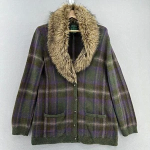 Cárdigan a cuadros Lauren Ralph Lauren lana de cordero Kordelia cuello de piel extraíble XL - Imagen 1 de 10