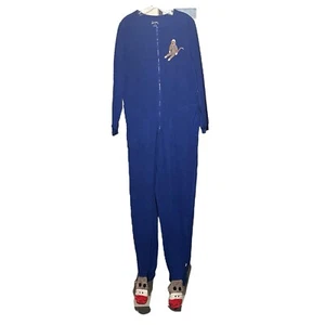 Nick & Nora Sock Monkey Footed Pjs Pajamas M Sleepwear Royal Blue Fleece Pockets - Picture 1 of 12