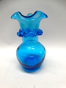 Vintage Pilgrim Glas blaue Knospe Vase mundgeblasen Rüschenspitze blaue Welle am Hals - Bild 1 von 13