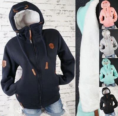 Damen Sweat Jacke Hoodie Kapuze dick gefüttert Teddyfell Futter UNI M - 3XL - Bild 1 von 4