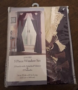 5 Piece Amore Curtain Set - Royal Purple - 54W x 63L - 2 Panels & 2 Tiebacks - Picture 1 of 3