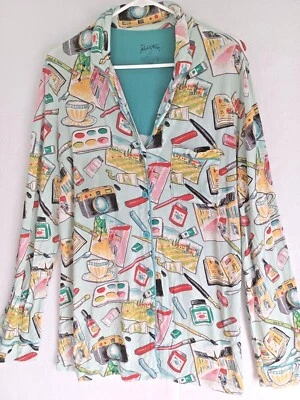 Nick & Nora Pajama Top Women's M Long Buttons knit Art Camera travel blue pj - Image 1 of 4