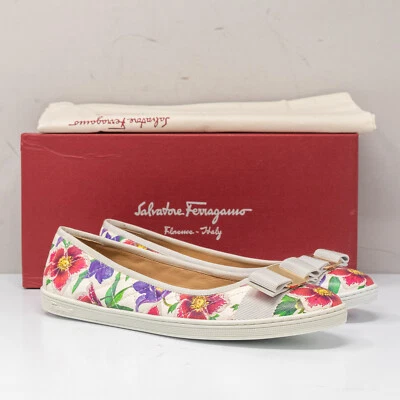 Salvatore Ferragamo Rufina Blanco Acolchado Floral Cuero Pisos Talla 6 C Foto 1 de 4