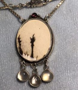 Sterling Anhänger, natürlicher dendritischer Achat mit Mondsteinen, 17 Kette, Konder #307 - Bild 1 von 4