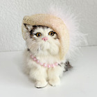 Fancy Cat Cottage Core Catcore Kitten Rabbit Fur Straw Hat & Pearls 5.5" Figure