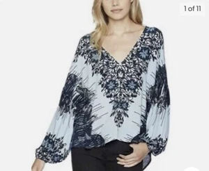 Free People Birds of a Feather Blue V-Neck Button Front Flowy Short Tunic Gen XS - Picture 1 of 10