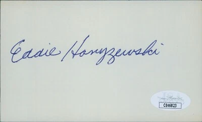 Eddie Hanyzewski Chicago Cubs Signed 3x5 Index Card JSA Authenticated - Image 1 of 2