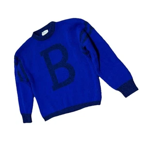 Vintage Benetton Varsity Sweater Cobalt & Navy Blue Jumper Shetland Wool Italy - Picture 1 of 10
