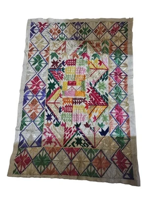 VINTAGE SILK EMBROIDERED GEOMETRIC SAMPLER TEXTILE - VIBRANT FOLK ART - Image 1 of 4