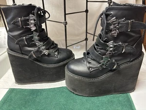 Black Demonia Swing-103 Wedge Platform Punk Goth Bat Buckles Women’s Ankle Boots - Picture 1 of 14