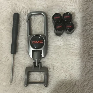 4 GMC Tire Valve Stem Caps & 1 Keychain Aluminum Black With GMC Red Logo NEW - Picture 1 of 5