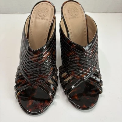 Tory Burch Tortoise Shell Brida Mule Heels Peep Toe Slip-on Sandals Size 8 M EUC - Image 1 of 4