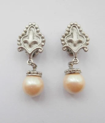 Brandneu Vintage 1980er Barock Tudor Stil Silberfarben & Kunstperlen Clip-On Ohrringe - Bild 1 von 4