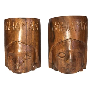 BAHAMAS HANDGESCHNITZT TEAKHOLZ TIKI GESICHT TASSEN TASSEN VOLKSKUNST 2ER SET GUC Vintage - Bild 1 von 9