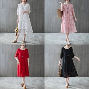 Women Lace Floral Midi Dress Short Sleeve Round Neck Hollow Out Cocktail Party - Picture 1 of 15