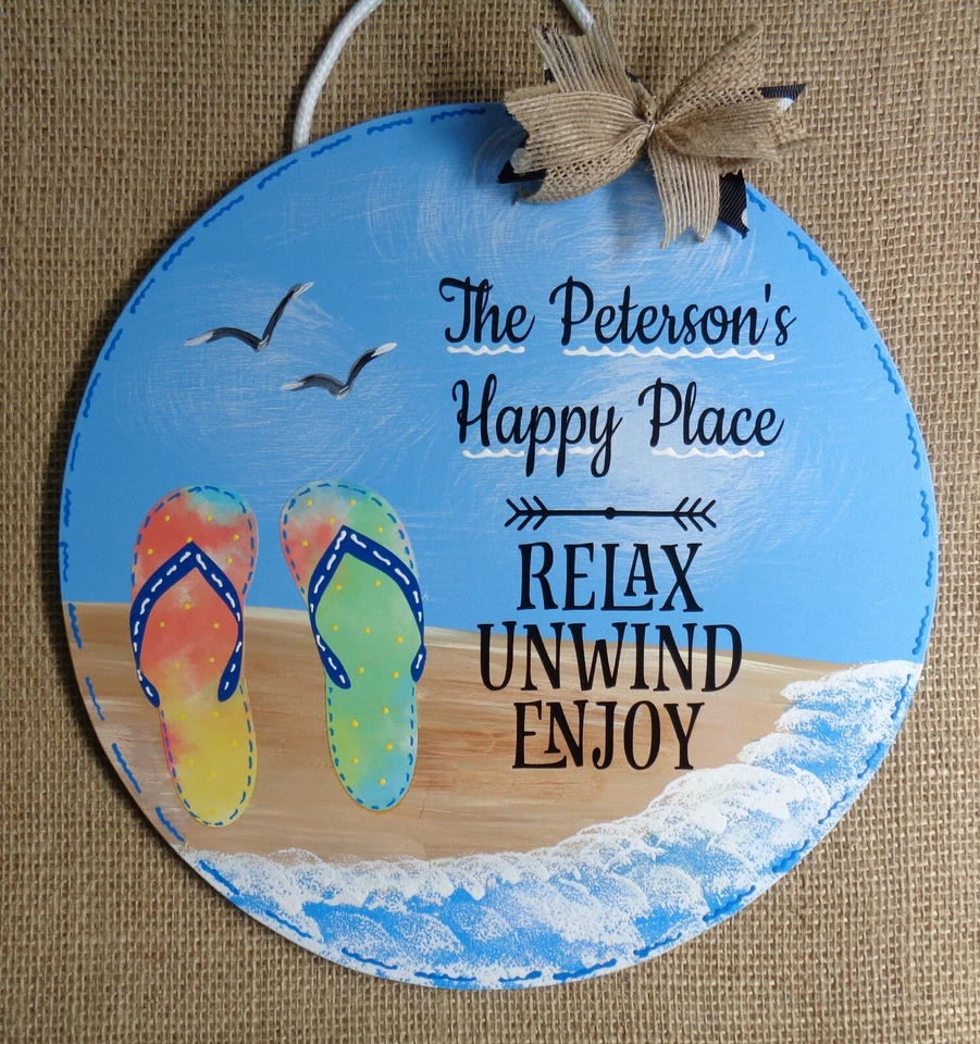PERSONALIZED  Happy Place CIRCLE SIGN Name Door Hanger Backyard Plaque Wood - Image 1 of 1