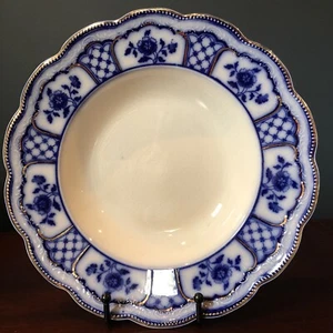 Antique Large Rim Soup Bowl (9-3/4") "Melbourne" Flow Blue/Gold Trim by Grindley - Picture 1 of 4