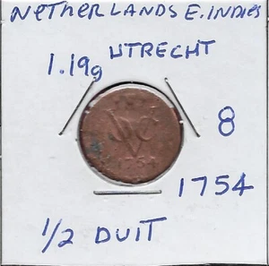 NETHERLANDS EAST INDIES,UTRECHT 1/2 DUIT 1754 CROWNED UTRECHT ARMS WITH FLAT SHI - Picture 1 of 2