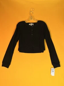 Row A Cropped Henley Knit Top Womens M Black Long Sleeve Pullover Casual NWT - Picture 1 of 5