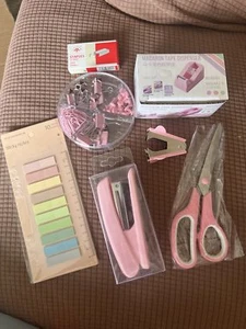 Pink Office Supplies 7pc stapler remover clips pins notes scissors tape - Picture 1 of 1