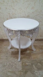 TAVOLINO TONDO LEGNO BIANCO E FOGLIA ARGENTO DA SALOTTO SOGGIORNO ARREDO CASA - Imagen 1 de 1