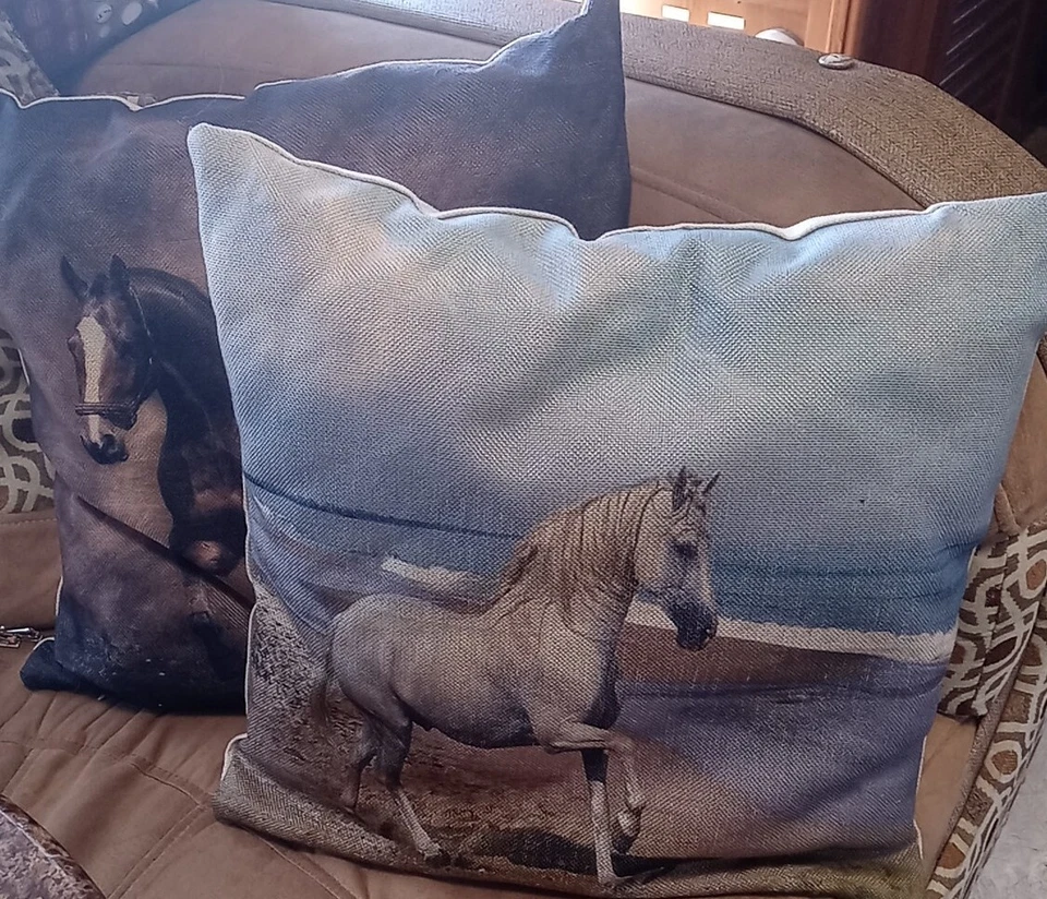 Set of 2 Horse-themed Pillows White Arabian At Ocean & Brown Walker 16x16 New - Image 1 of 4