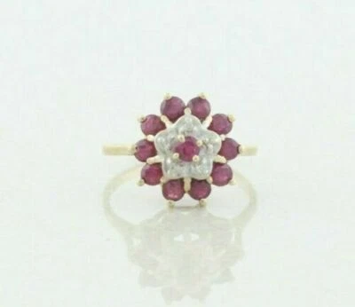 0.70 Ct Natural Red Ruby and Diamonds Gemstone Flower Ring 10k Yellow Gold - Image 1 of 4
