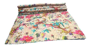 Vintage Indian Bedspreads Bird Print Throw Kantha Quilt King Cotton Blanket - Picture 1 of 6