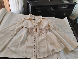 NWT Ladies Beige Double Standard Blazer Top Size S With Lace Inserts Ties/Lace U - Picture 1 of 7