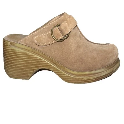 Vintage Y2K Lower East Side 7 Tan Suede Chunky Clog Mule Grunge Boho Leather Foto 1 de 4