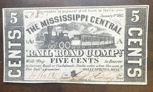 1862 5c MS Central Rail Road Holly Springs MS Civil War Era Obsolete Bank Note - Picture 1 of 8