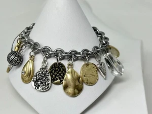 New CHICO's Silvertone Goldtone Acrylic Pearl CHARM 7.75" Bracelet - Picture 1 of 9