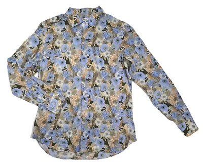 BAGUTTA Mens XL Blue Orange Floral Button Shirt Retro 70s Vibe Slim Fit Italian - Image 1 of 4