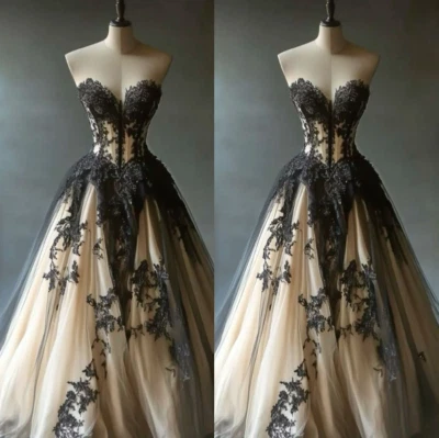Gothic Black Wedding Dresses Strapless Full Length Lace Appliques Bridal Gowns - Image 1 of 4
