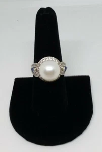 Natural Pearl, White Zircon & Blue Kynite Ring in Platinum over Sterling Silver  - Picture 1 of 10