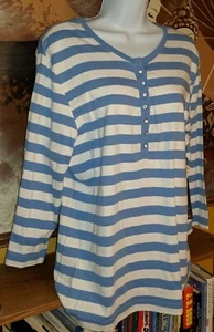 Knit de Knit relax casual Ocean Breeze/White Blouse faux diamond buttons XL - Picture 1 of 4