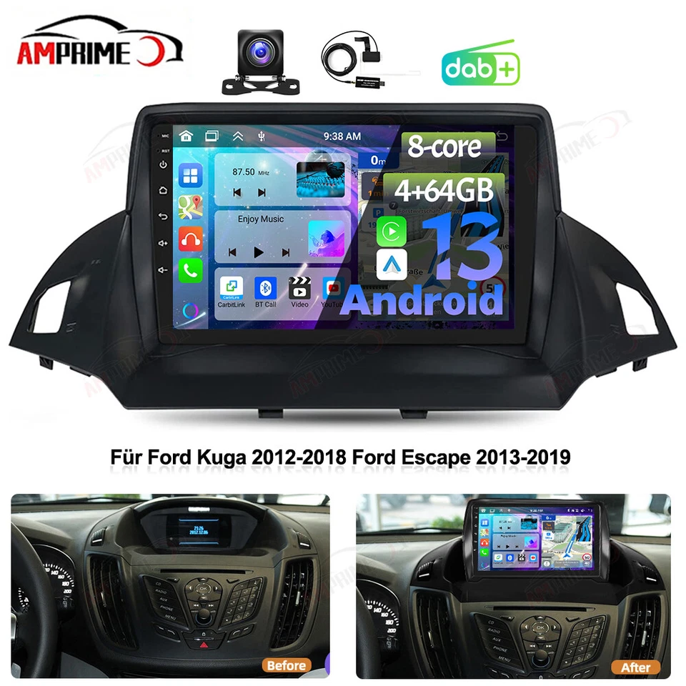 AMPRIME Für Ford Kuga 2012-2018 Escape Android 13 Autoradio GPS CarPlay 4+64GB WIFI DAB+
