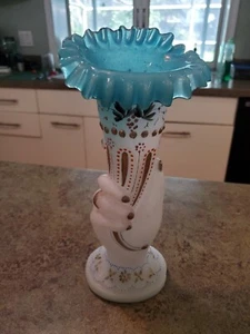 SELTENE viktorianische handbemalte mundgeblasene Glas Füllhorn Hand Vase Set weiß blau 10,5" - Bild 1 von 9