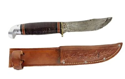 Faca de caça e bainha de couro vintage L66 Western Boulder Co 4 1/4" lâmina fixa - Imagem 1 de 4