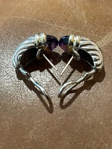 David Yurman Sterling Silver 14K Gold Amethyst Waverly Sculpted Cable Earrings - Picture 1 of 23