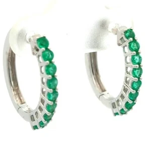 Video .74CT 14K Solid White Gold Natural Emerald Round Hoop Earrings Italian - Picture 1 of 4