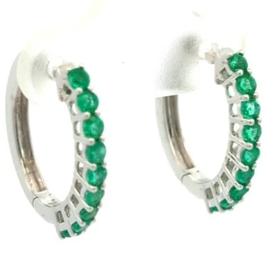 Video .74CT 14K Solid White Gold Natural Emerald Round Hoop Earrings Italian  - Image 1 of 4