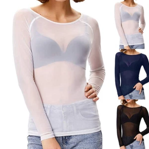 Damen Transparent Unterhemd T-Shirt Mesh Top Langarmshirt Tunika Oberteile Bluse - Bild 1 von 14